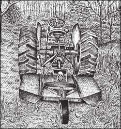 
A bush hog attached to the back of a tractor will mow everything thinner than a man's wrist.
